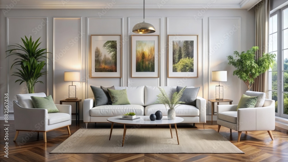 Elegant modern living room features four framed art pieces on a crisp white wall, paired with sleek white furniture. Elegant modern living room features four framed art pieces on a crisp white wall, paired with sleek white furniture.