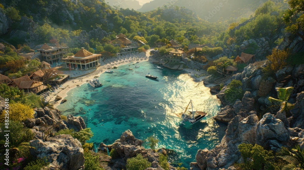 Fototapeta premium Aerial view of a tropical paradise beach, azure water, lush greenery, and cozy resorts, perfect for travel and relaxation.