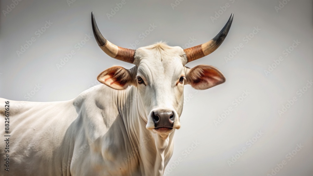 Isolated majestic white cow with prominent sharp horns stands serene on a clean white studio background devoid of distractions. Isolated majestic white cow with prominent sharp horns stands serene on a clean white studio background devoid of distractions.