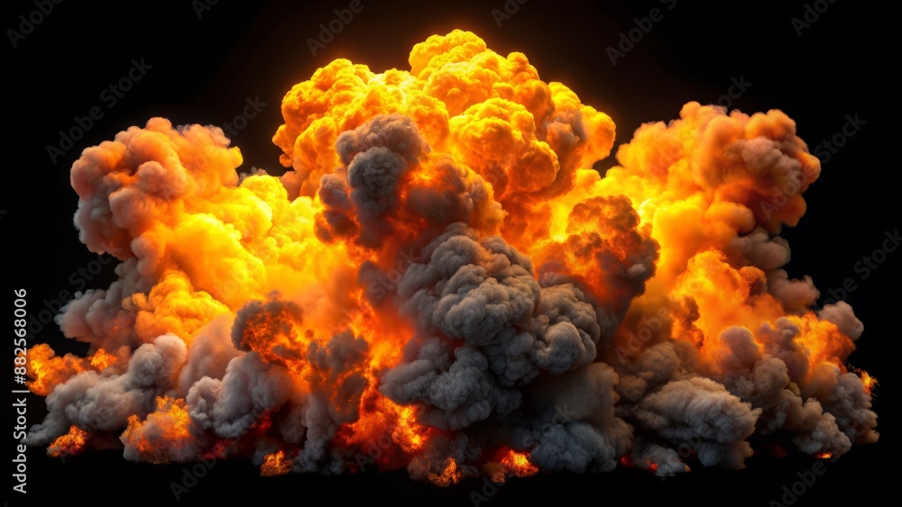 Vibrant orange and yellow flames erupting from massive dark smoke clouds, isolated against a black background, with transparent alpha channel. Vibrant orange and yellow flames erupting from massive dark smoke clouds, isolated against a black background, with transparent alpha channel.