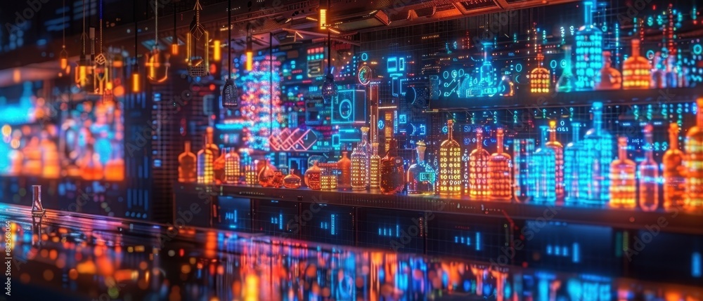 Neon-lit bar with colorful bottles and drinks, reflecting a vibrant nightlife atmosphere in an urban setting. Neon-lit bar with colorful bottles and drinks, reflecting a vibrant nightlife atmosphere in an urban setting.