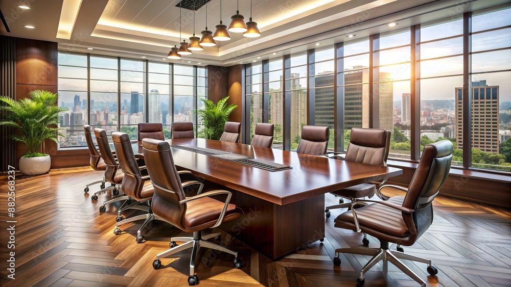 Fototapeta premium Luxurious modern corporate conference room with dark wood table, leather chairs, and large windows, flooded with natural light atmosphere.