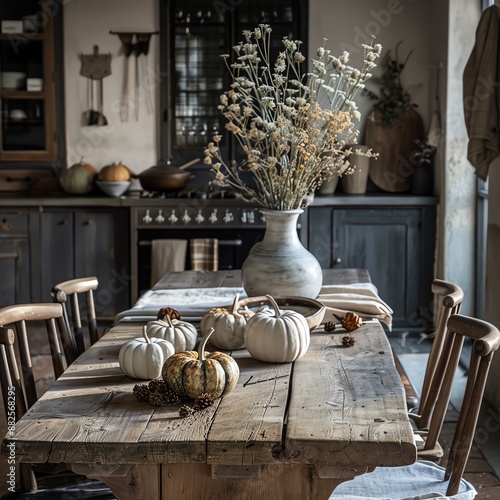 Mid-range shot of a rustic dining area, wooden table and chairs, seasonal accents like gourds and dried flowers, soft evening light, homey and elegant. photo