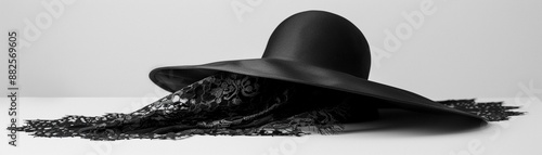 a gloomy attire accessory, spooky hat, black lace, haunted fashion, isolated on white background photo