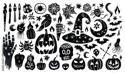 Set of isolated Halloween decoration elements in doodle hand-drawn graphic vector illustration on transparent background 8. Black silhouette style.