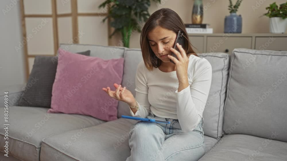 A young attractive woman sitting in her living room, talking on her phone and using a tablet, in a modern home interior. A young attractive woman sitting in her living room, talking on her phone and using a tablet, in a modern home interior.