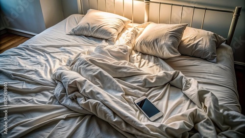 Cluttered bed with rumpled sheets, empty pillows, and a solitary cell phone abandoned, evoking feelings of loneliness and isolation.