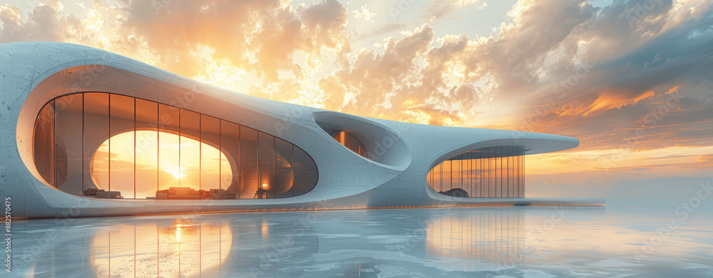 White Concrete Building with Curved Glass Windows and Sunlight in Open Space Courtyard Futuristic Architecture Concept White Concrete Building with Curved Glass Windows and Sunlight in Open Space Courtyard Futuristic Architecture Concept