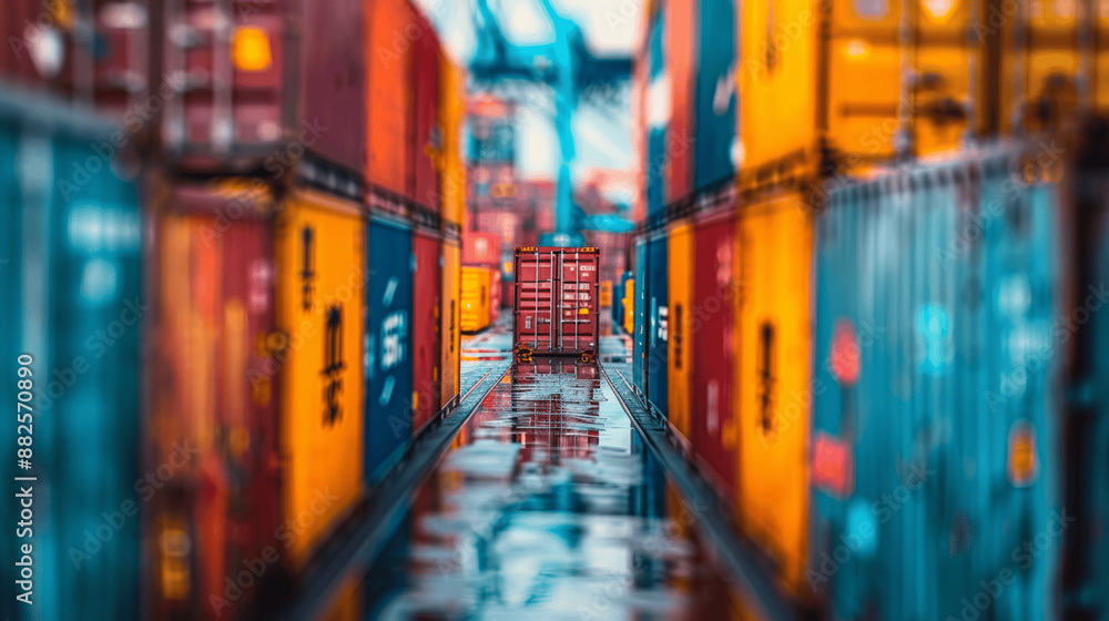 Fototapeta premium Stacked Cargo Containers at Port Tilt-Shift Photography International Trade and Logistics