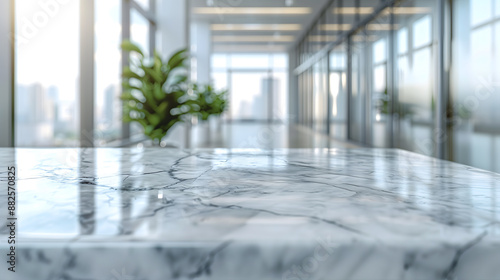 Empty marble desk with copy space and blurred office background
