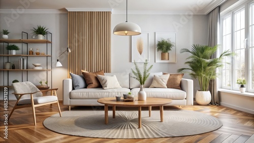 Modern Scandinavian living room interior featuring round wooden coffee table against sleek white sofa amidst minimalist decor. © Caitlin