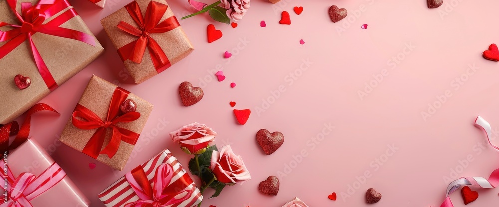 Valentine's Day banner with gift boxes and flowers on a pink table, top view flat lay, full of love Valentine's Day banner with gift boxes and flowers on a pink table, top view flat lay, full of love