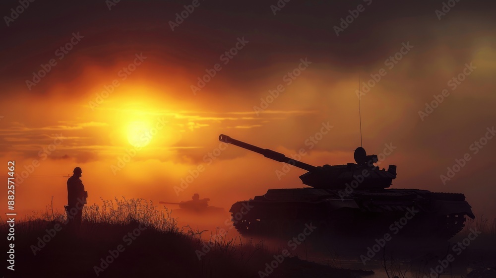 Silhouette of WWII Tank at Sunrise on Misty Battlefield, Symbol of Strength and Resilience Silhouette of WWII Tank at Sunrise on Misty Battlefield, Symbol of Strength and Resilience