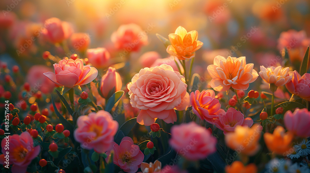 Mixed flowers in soft blurred background. Abstract floral bouquet with narcissus, roses and small wild flowers. Mixed flowers in soft blurred background. Abstract floral bouquet with narcissus, roses and small wild flowers.