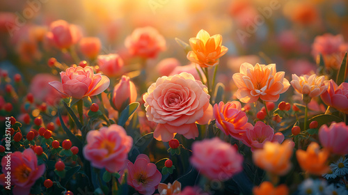 Wallpaper Mural Mixed flowers in soft blurred background. Abstract floral bouquet with narcissus, roses and small wild flowers. Torontodigital.ca