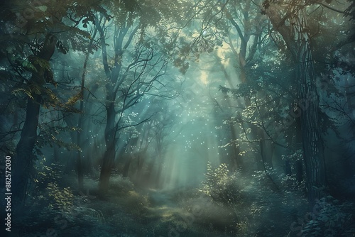 Mystical forest path illuminated by soft sunlight with glowing dust particles