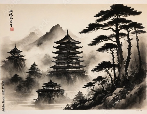 An image of  Pagoda  and  pine trees  in  mist