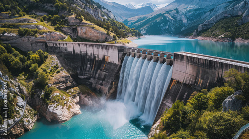 A hydroelectric dam with water flowing through turbines, creating renewable electricity in a beautiful natural setting