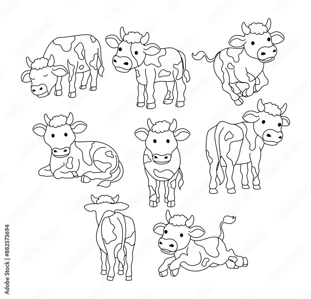Obraz premium Set of cow doodle collection, cow outline coloring page or book animals for kindergarten, Vector line art set of animals wildlife, Hand drawn, Minimal cow line art doodle in different pose.