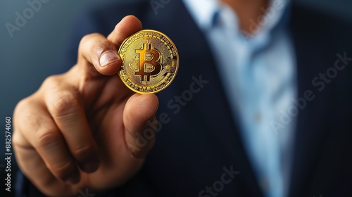 Close-up of businessman s hand holding golden coin, cryptocurrency, economic investment
