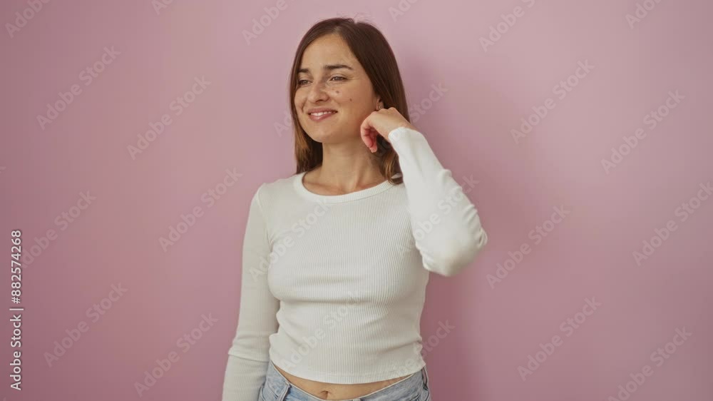 Woman laughing, young blonde woman standing at side, smile on face, looking confident, laughing with natural expression over isolated pink background Woman laughing, young blonde woman standing at side, smile on face, looking confident, laughing with natural expression over isolated pink background