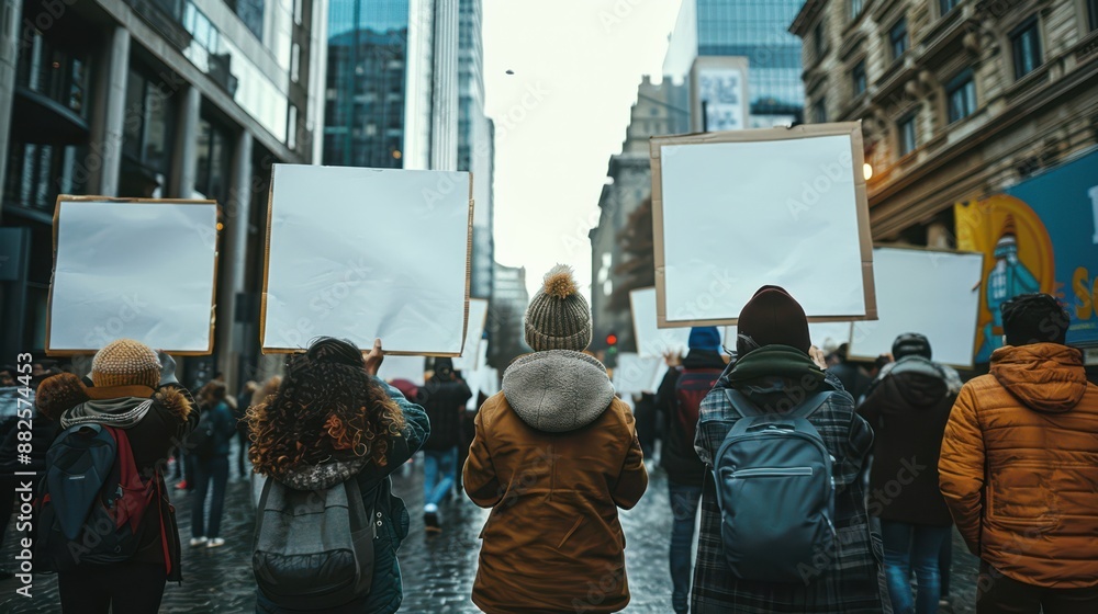 Fototapeta premium A group of protesters hold signs and backpacks while standing on a city street