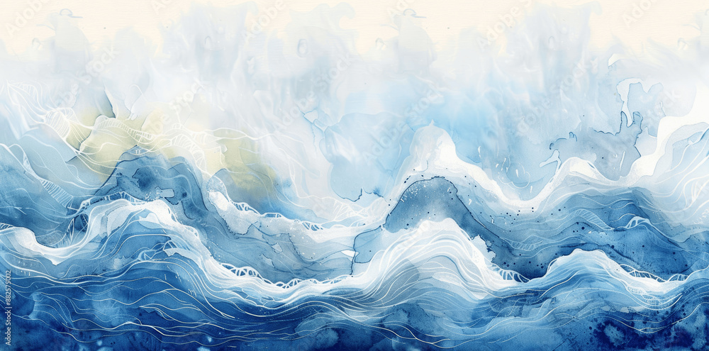 Cheerful Cartoon Ocean Wave Background for Beach Party or Travel Blue Teal Turquoise Watercolor Illustration Cheerful Cartoon Ocean Wave Background for Beach Party or Travel Blue Teal Turquoise Watercolor Illustration