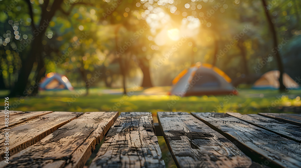 Wooden table top on blur tent camping travel tent and grass field.Fresh and Relax concept.For montage product display or design key visual layout.View of copy space. Wooden table top on blur tent camping travel tent and grass field.Fresh and Relax concept.For montage product display or design key visual layout.View of copy space.