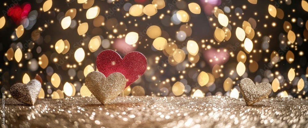 Valentine's Day concept with paper heart shapes standing on a gold square, shining with love Valentine's Day concept with paper heart shapes standing on a gold square, shining with love