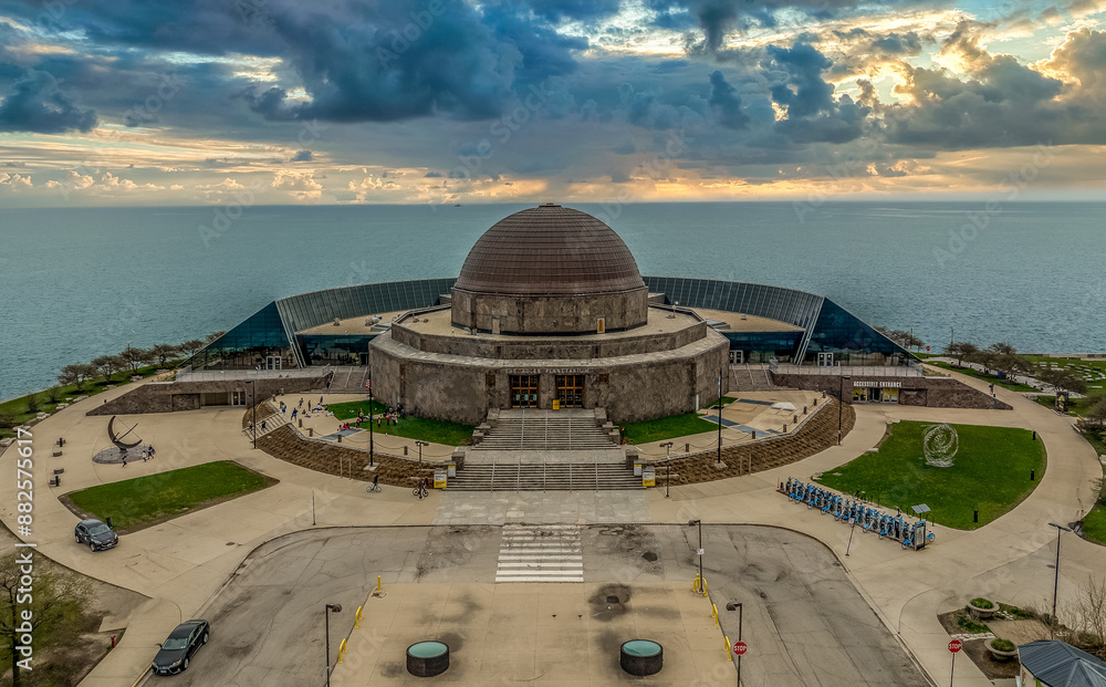Aerial view of Adler Planetarium on Lake Michigan in Chicago with lake front views