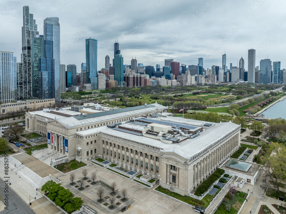 Aerial panoramic view of Field museum, Millennium Park, Lakeside skyscrapers on the Chicago skyline
