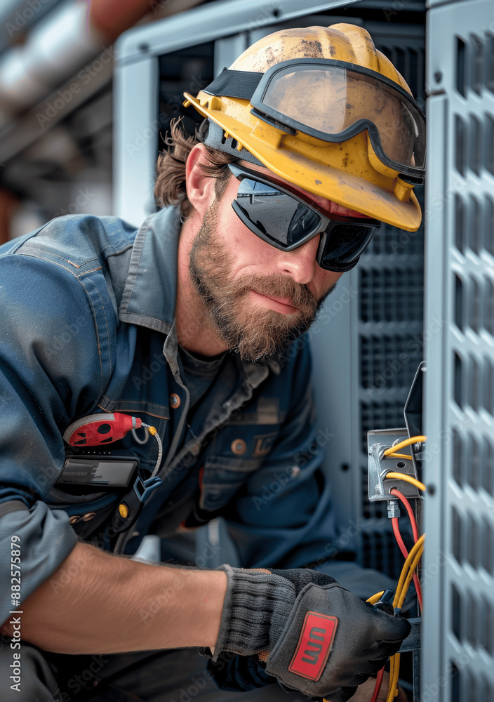 Air Conditioning Technician Working Outdoors on Hot Day - Professional HVAC Maintenance and Service