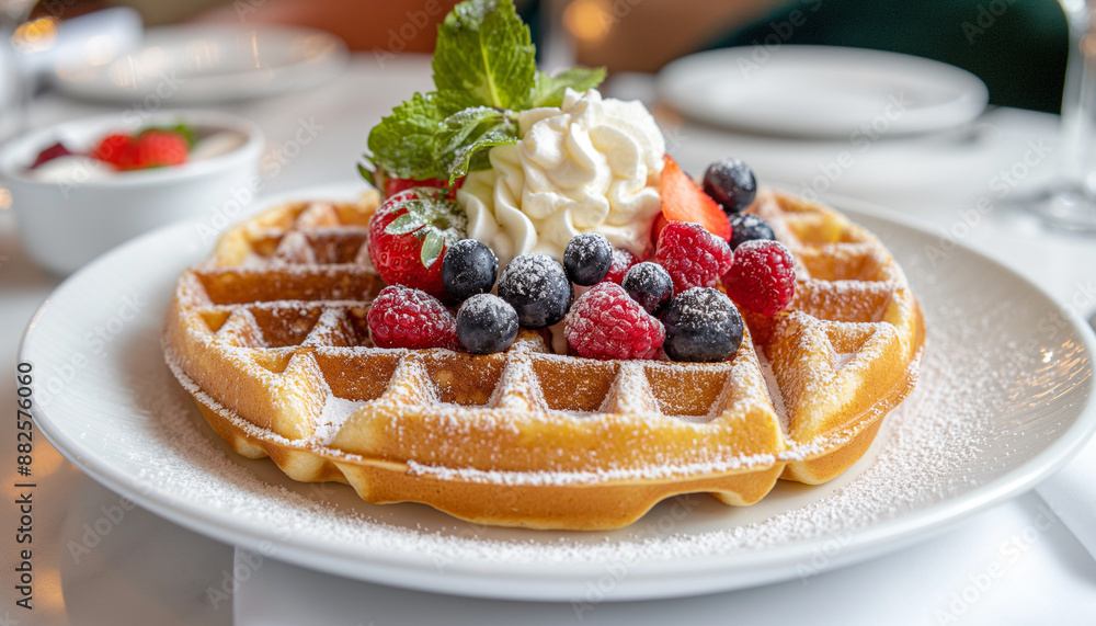 a classic belgian waffle, featuring a golden, crispy waffle topped with fresh berries, whipped cream, and a dusting of powdered sugar a classic belgian waffle, featuring a golden, crispy waffle topped with fresh berries, whipped cream, and a dusting of powdered sugar
