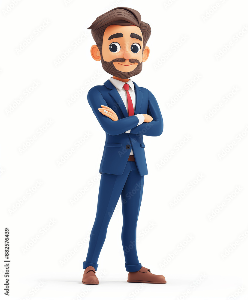 3D Cartoon Smiling Business Man in Blue Suit Standing Arms Crossed Isolated on White Background 3D Cartoon Smiling Business Man in Blue Suit Standing Arms Crossed Isolated on White Background