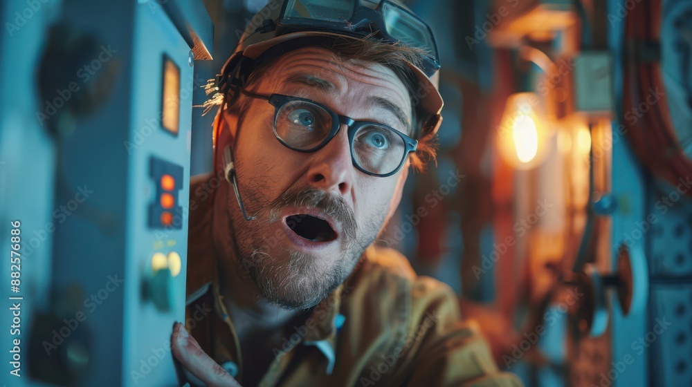 He is wearing a hard hat and safety glasses He is wearing a hard hat and safety glasses