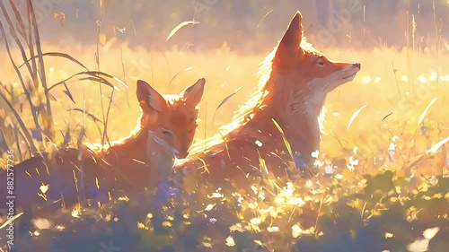 Wildlife Animation. Red Foxes Hunting in Meadow at Dawn. Dew-Covered Grass, Soft Light of Rising Sun. Witness the Cunning Nature of Red Foxes in This Dynamic Video. photo