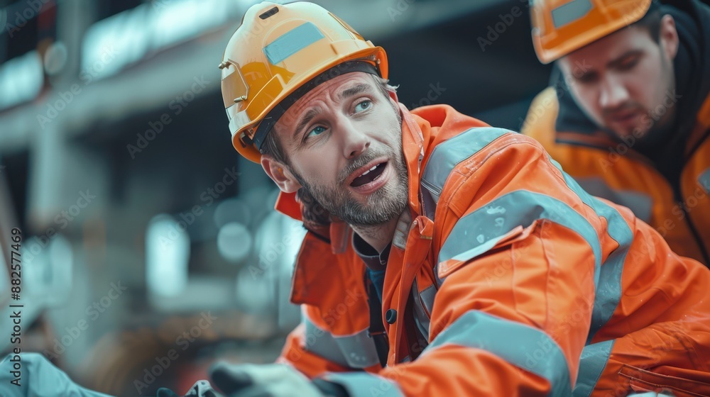 A man in an orange safety suit is looking up at something A man in an orange safety suit is looking up at something