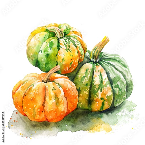 Green and orange gourds, harvest transition, watercolor wash, soft focus, isolated on white background