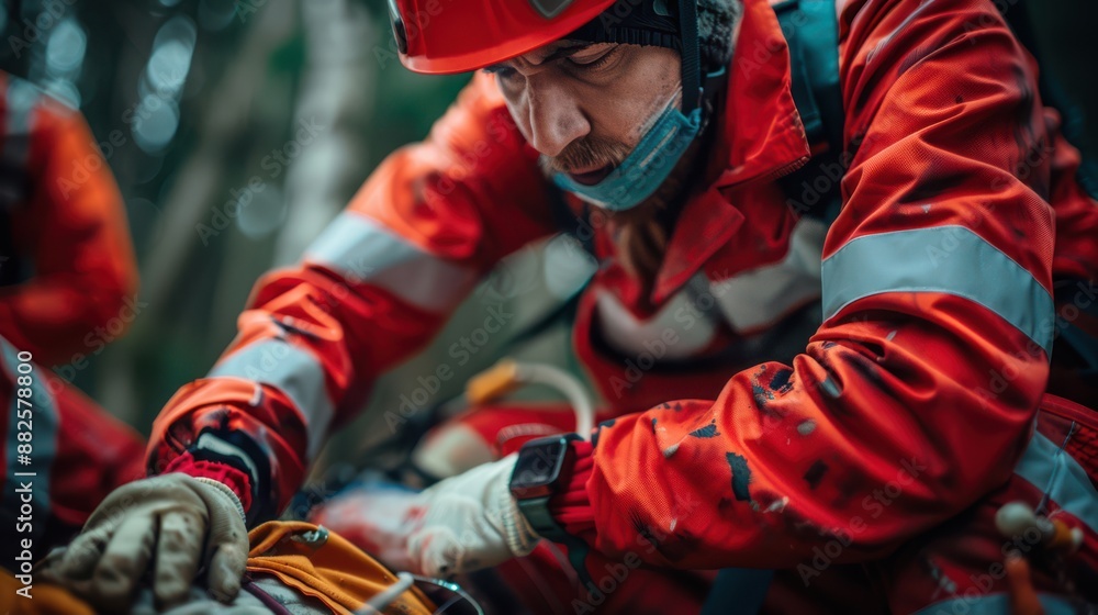 A man in an orange jacket is helping someone who is injured A man in an orange jacket is helping someone who is injured