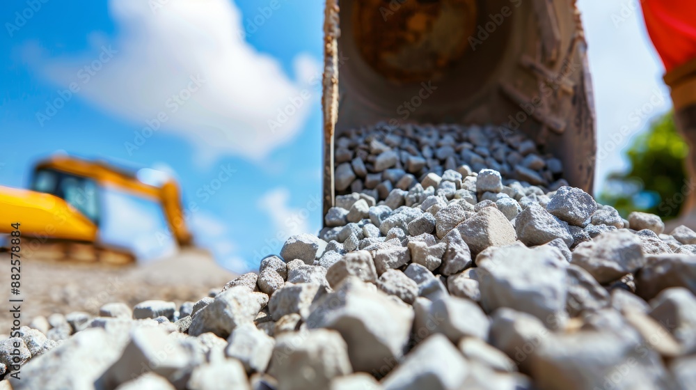 Naklejka premium Aggregate materials being delivered to a bustling construction site, workers preparing for the creation of new infrastructure, vibrant and active environment