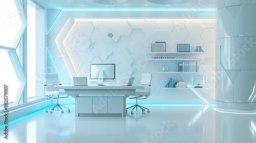 Futuristic hexagonal office interior with computers and blue lighting © Arbystudio
