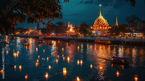 A temple by the river illuminated by thousands of lanterns and krathongs during the Loy Krathong celebration