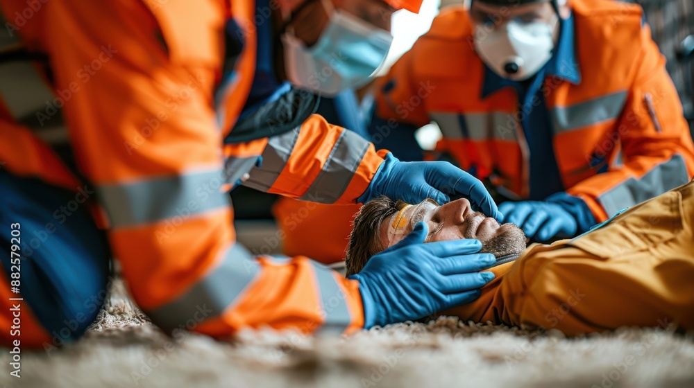 A man is laying on the floor with two men in orange jackets helping him A man is laying on the floor with two men in orange jackets helping him