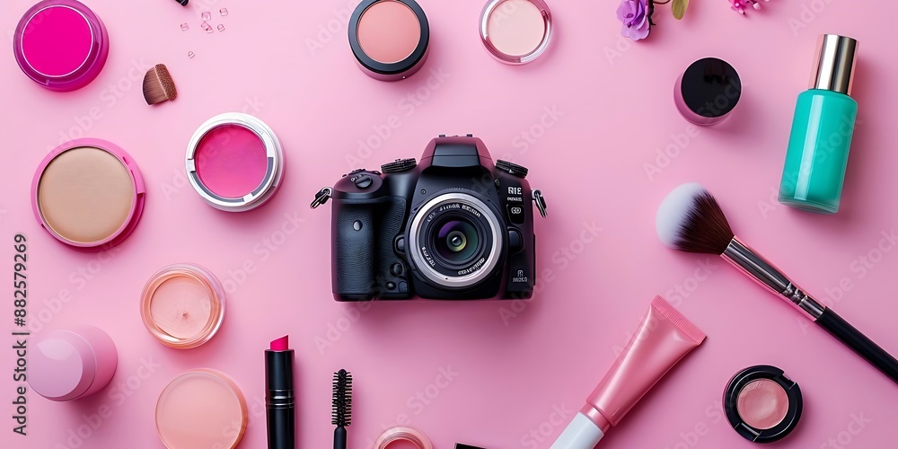 Flat Lay Photography of Makeup Products and Camera on Pink Background Illustration Flat Lay Photography of Makeup Products and Camera on Pink Background Illustration