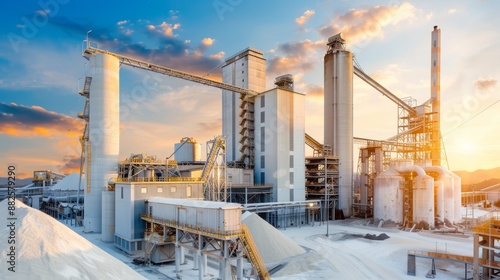 Cement factory exterior, with massive production buildings and industrial equipment, illustrating the robust infrastructure of the construction material industry