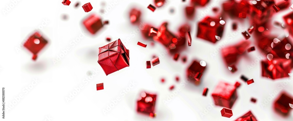 Christmas red gift boxes falling on a white background, Christmas and birthday concept, vibrant and festive Christmas red gift boxes falling on a white background, Christmas and birthday concept, vibrant and festive