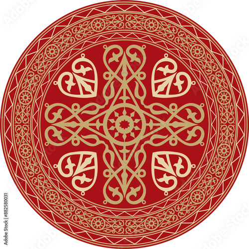 Vector golden and red round Yakut ornament. Endless circle, border, frame of the northern peoples of the Far East.