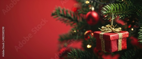 Close-up of a gift box Christmas decoration hanging on a Christmas tree on a red background, 3D and festive © HH CA Studio