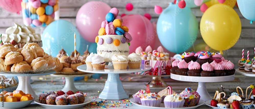 Colorful birthday dessert table with a variety of sweet treats and decorations for celebration. Colorful birthday dessert table with a variety of sweet treats and decorations for celebration.