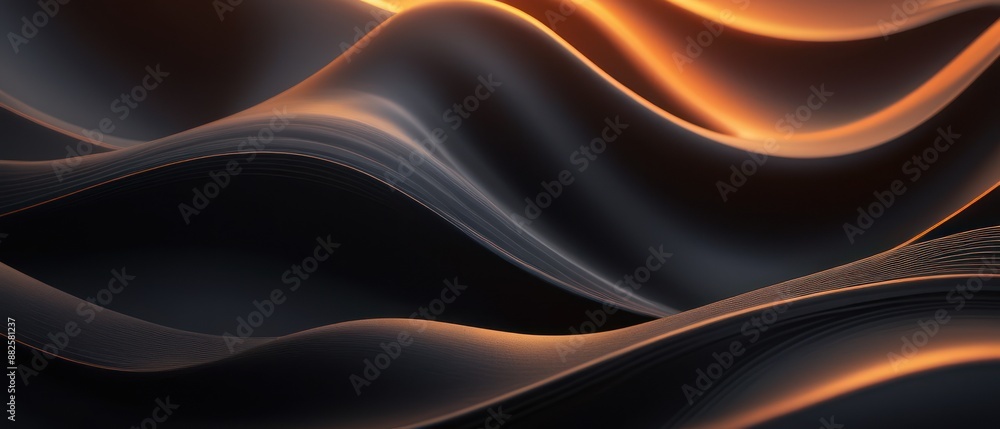 Obraz premium Abstract image featuring smooth metallic waves with orange highlights, creating a dynamic and modern aesthetic.